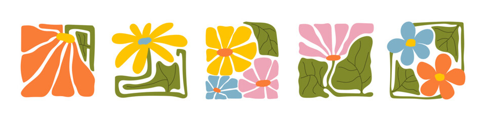 Fototapete - Groovy abstract flower art set. Organic doodle shapes in trendy naive retro hippie 60s 70s style. Contemporary poster and background. Floral botanic illustration in pink, yellow, orange colors.