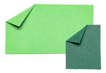 Poster - Two overlapping isolated cut out blank green paper notes cardboard with folded corner dog-ear earmark and copy space for text, transparent png background design element