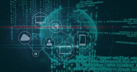 Poster - Rotating globe receiving cloud icon then linking padlock user nodes, eight icons forming network