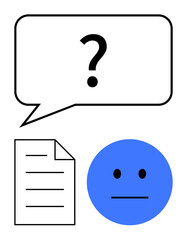 Poster - Question mark inside a speech bubble above a document and neutral blue face. Ideal for communication, problem-solving, feedback, inquiry, confusion, decision-making, customer support. Flat simple