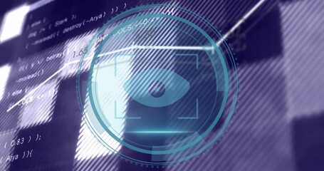 Poster - Shifting grid forming shield morphing into eye icon, line pulsing HUD rings showing cyber security