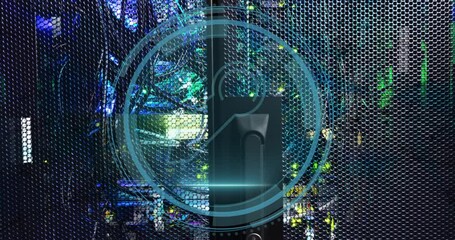 Poster - After one second, cyber security text fading HUD forming over server door, completing security scan