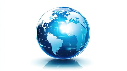 Poster - Shiny blue globe with world map displayed over a white background for global communication and connection themes in digital design or presentations