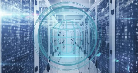Poster - Binary streams cascading over server racks, rings pulsing and scanning HUD monitoring security