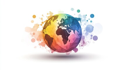 Poster - Colorful Abstract Globe with Geometric Shapes and Splash Effects Representing Global Connections and Diversity in a Modern Artistic Style