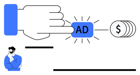 Poster - hand clicking ad button triggering income represented by money coins, thoughtful person icon suggest
