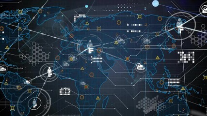 Poster - Animated glow outlining world map as business silhouettes linking regions mapping global data flow
