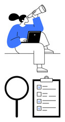 Poster - woman sitting with laptop and telescope, magnifying glass, checklist with tasks. ideal for research,