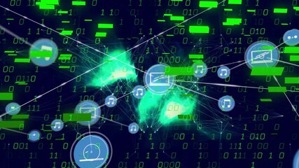 Poster - 3D wireframe sphere appearing spawning icon nodes while linking data blocks showing network growth