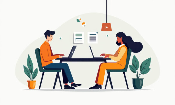 Diverse Team Collaboration, Laptop, Office - Flat design illustrations