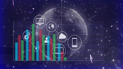Poster - On startup bars shrinking as icons linking above rotating globe to illustrate network growth