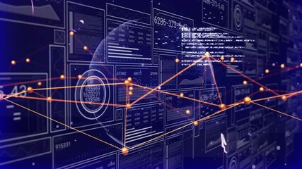 Poster - On appearing globe forming orange network while rotating and animating panels showing data flow