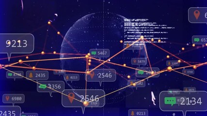 Poster - Opening void revealing 3D blue sphere, globe expanding orange network, popping icons updating data