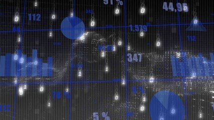 Poster - Binary streams cascading initiating dashboard animating bars, pie shifting, 3D surface rising
