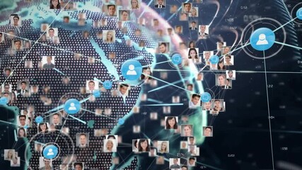 Poster - Rotating globe activating avatar nodes and extending glowing lines shaping global digital network