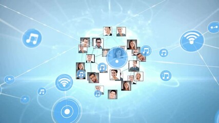 Poster - Users in tech network using pulsing icon, forming expanding rings linking icons to build network