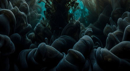 Poster - Mystic Flowing Dark Smoke Swirls With a Glimmer of Turquoise Light