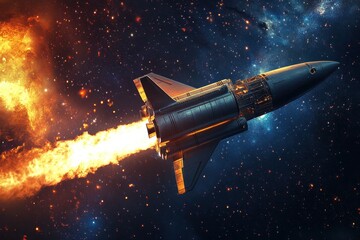 Poster - New spaceship launches into the starry sky with flames and exhaust trailing behind, New Spaceship takes off into the starry sky, Rocket space startup with blast