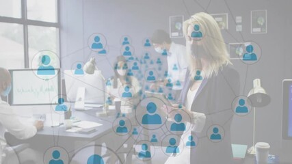 Poster - Business team at desk visualizing network icons via smartphone input clustering then dissolving