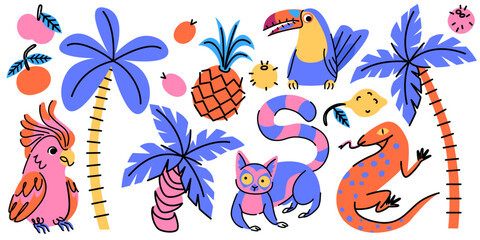 Naklejka na meble Retro tropical sticker set with animal characters - parrot and toucan, lemur and lizard, palm trees and fruits. Vibrant funky doodles in in bright colors. Exotic wildlife vector for summer design.