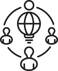 Poster - This shows simple line icon representing network or communication concept. It features globe center with lines connecting to three human figures, symbolizing global connectivity and collaboration