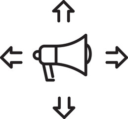 Poster - Megaphone icon with arrows pointing in four directions symbolizes communication and outreach. simple black and white design emphasizes concept of spreading information widely