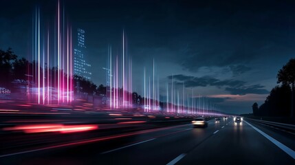Fototapete - Futuristic highway median features slender lines of light and AI elements at dusk