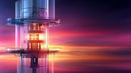Poster - Transparent turbine tower core illuminated at dusk near a serene body of water
