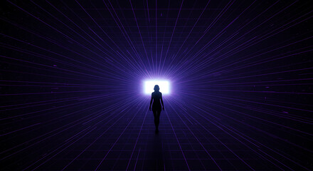 Poster - Dark Figure Journeying to Bright Portal in Abstract Grid Space