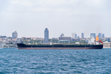 Poster - Cargo ship navigating the Bosphorus with a modern skyline in the background during a clear day