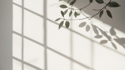 Poster - Sunlight is casting shadows of leaves on wall, white a creating a peaceful and minimalist aesthetic background