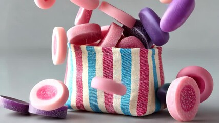 Poster - Basket full of colorful gummy bears with pink, purple, and blue. The basket is overflowing with the gummy bears, and they are scattered all over the table