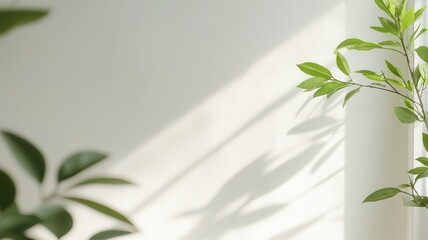Aufkleber - Blurred Plant leaves casting shadows on a white wall, creating an aesthetically pleasing interplay of light and shadow copy space abstract background