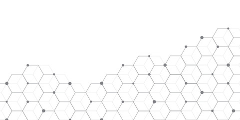Poster - Molecular structure abstract tech background. Geometric white background. Vector banner design with hexagons. Science network pattern, connecting lines and dots Medical background, Vector illustration