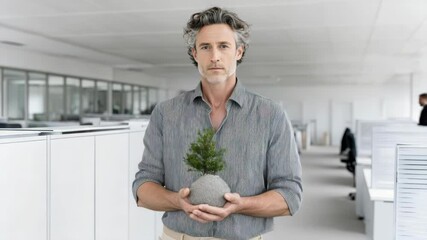 Poster - Man is holding a small plant in a vase. Concept of responsibility and care for the plant, as the man is holding it close to his chest. The setting appears to be a workplace, with several desks