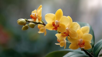 Poster - Vibrant yellow orchids showcase their beauty against a soft background in the Maldives. The flowers highlight the tropical flora and create a peaceful atmosphere in this exotic paradise