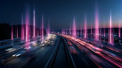 Poster - Futuristic highway with slender median lines illuminated by vibrant artificial light at dusk