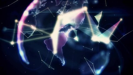 Poster - Cluster of polygons drifting glitching then flash sparking morphing into rotating 3D globe network