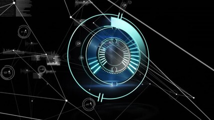 Poster - Glowing cyan-blue holographic HUD emerging lighting segments rotating scanning data for analysis