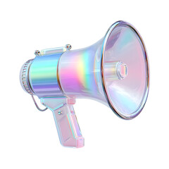 Poster - Vibrant and futuristic 3D rendering of an iridescent holographic megaphone icon representing marketing advertising and communication technologies