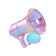 Poster - Futuristic iridescent 3D megaphone with a speech bubble overlay representing a business marketing concept in a clean minimalist studio setting with soft lighting and a transparent