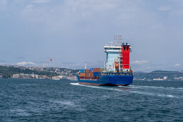 Poster - Container ship navigates Bosphorus Strait with city skyline in the background under clear skies