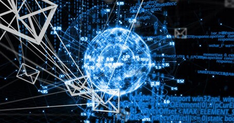 Poster - On startup glowing 3D mesh sphere rotating and revealing data overlays to visualize network flow