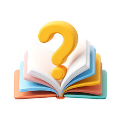 Fototapete - An open book with a vibrant 3D rendered question mark icon on a soft transparent background symbolizing the curiosity inquiry and of knowledge and learning