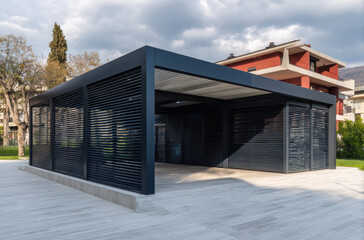 Poster - Modern architectural design features sleek, open structure with horizontal slats, surrounded by greenery and urban buildings