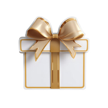 Minimalist 3D rendering of an open white gift box with a shimmering golden ribbon bow set against a clean transparent background with soft lighting