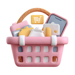 Aufkleber - A pink shopping basket filled with various e commerce and mobile payment icons illustrating the convenience and technology of online shopping and delivery services
