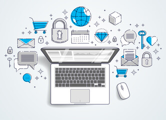 Fototapete - Laptop with statistics infographics and set of icons, online business, internet electronic finances, vector design.