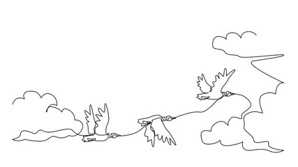 Poster - Animated self drawing of continuous one line drawing mallards fly in mass formation. Safest formation flying in group. Best time to breed is in autumn. World Migratory Bird Day. Full length animation