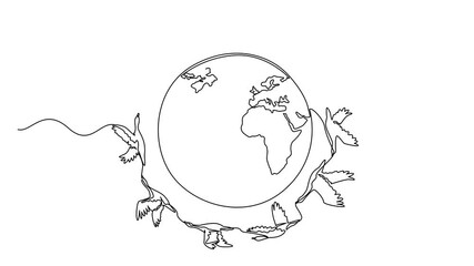 Poster - Animation of single one line drawing goose flies mass around globe full. Go in groups to avoid predatory birds. Avoiding summer in the south. World Migratory Bird Day. Full length motion